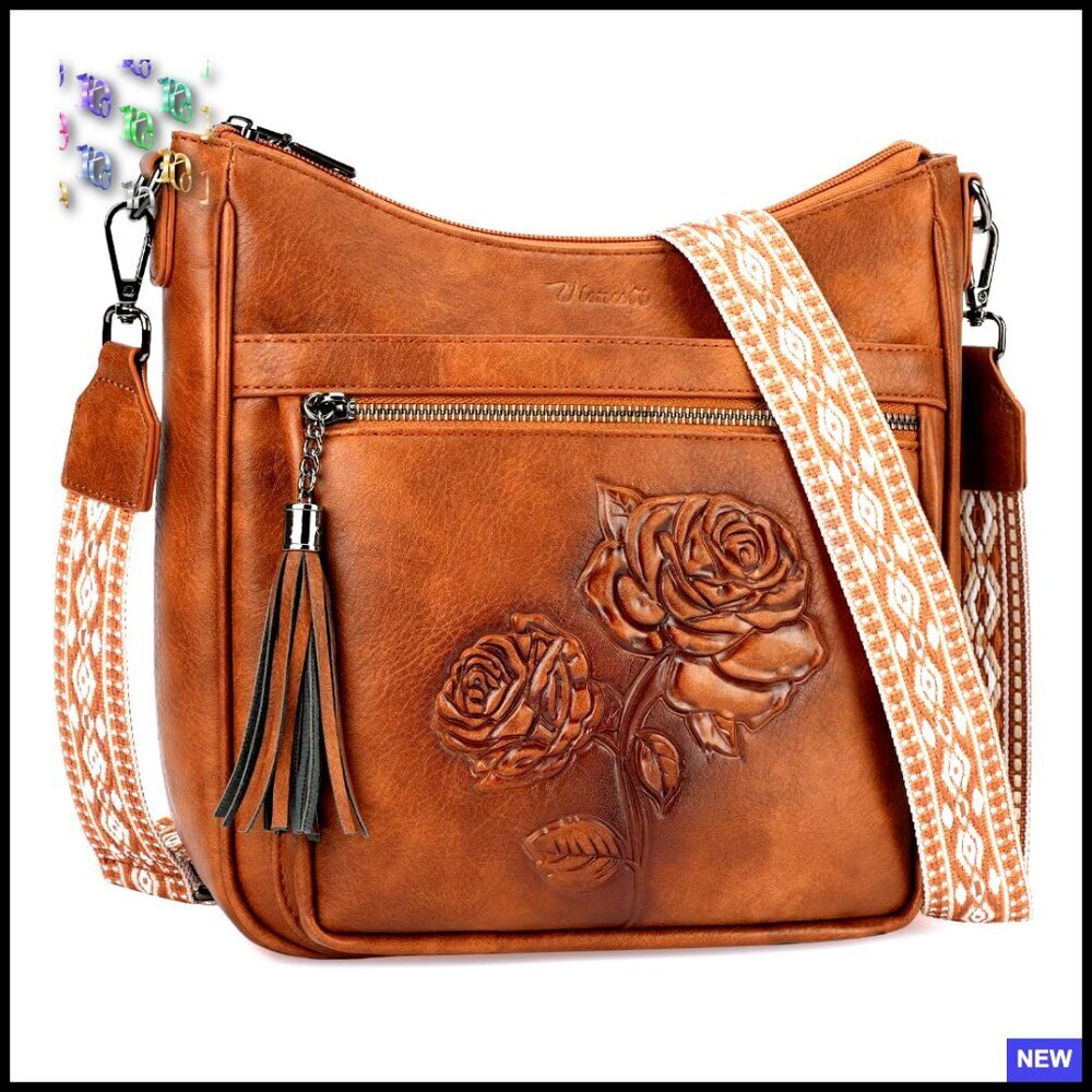Vegan Leather Hobo Crossbody Bag Embossed Floral Retro Chic Lightweight Purse